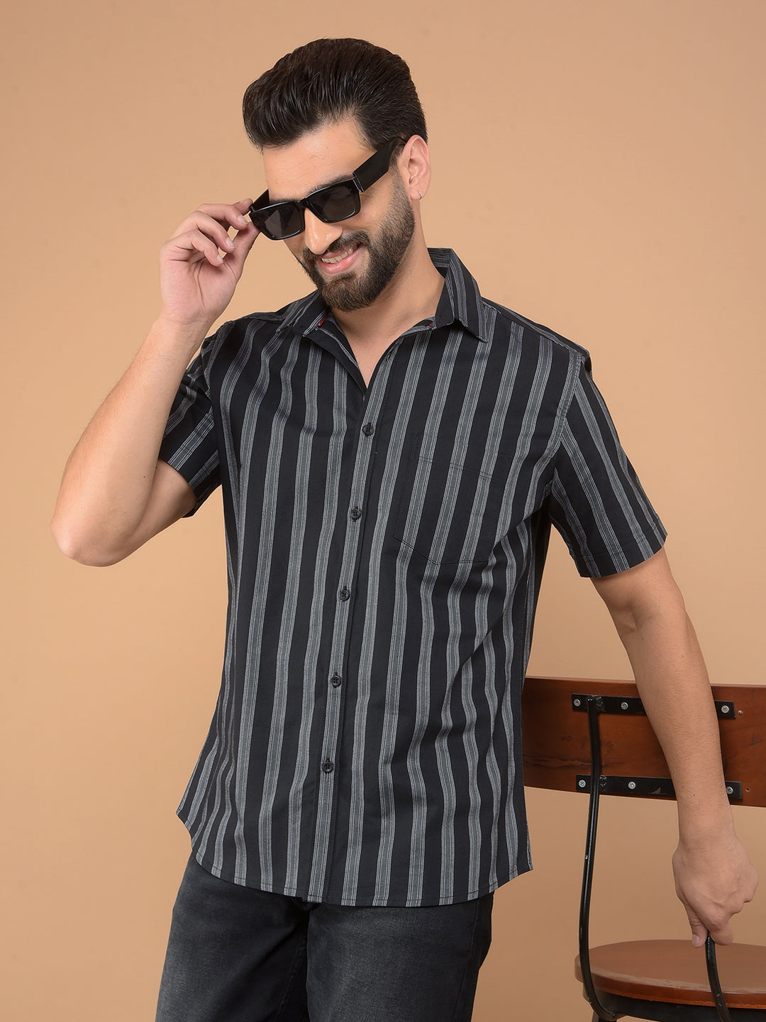 Black Vertical Striped 100% Cotton Shirt-Men Shirts-Crimsoune Club