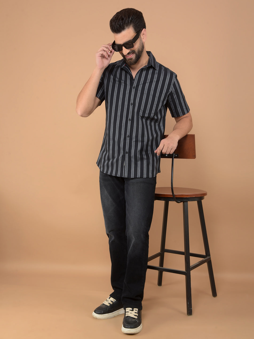 Black Vertical Striped 100% Cotton Shirt-Men Shirts-Crimsoune Club