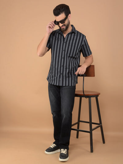 Black Vertical Striped 100% Cotton Shirt-Men Shirts-Crimsoune Club