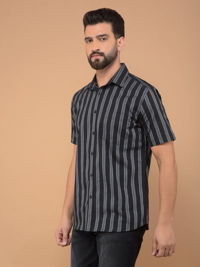 Black Vertical Striped 100% Cotton Shirt-Men Shirts-Crimsoune Club