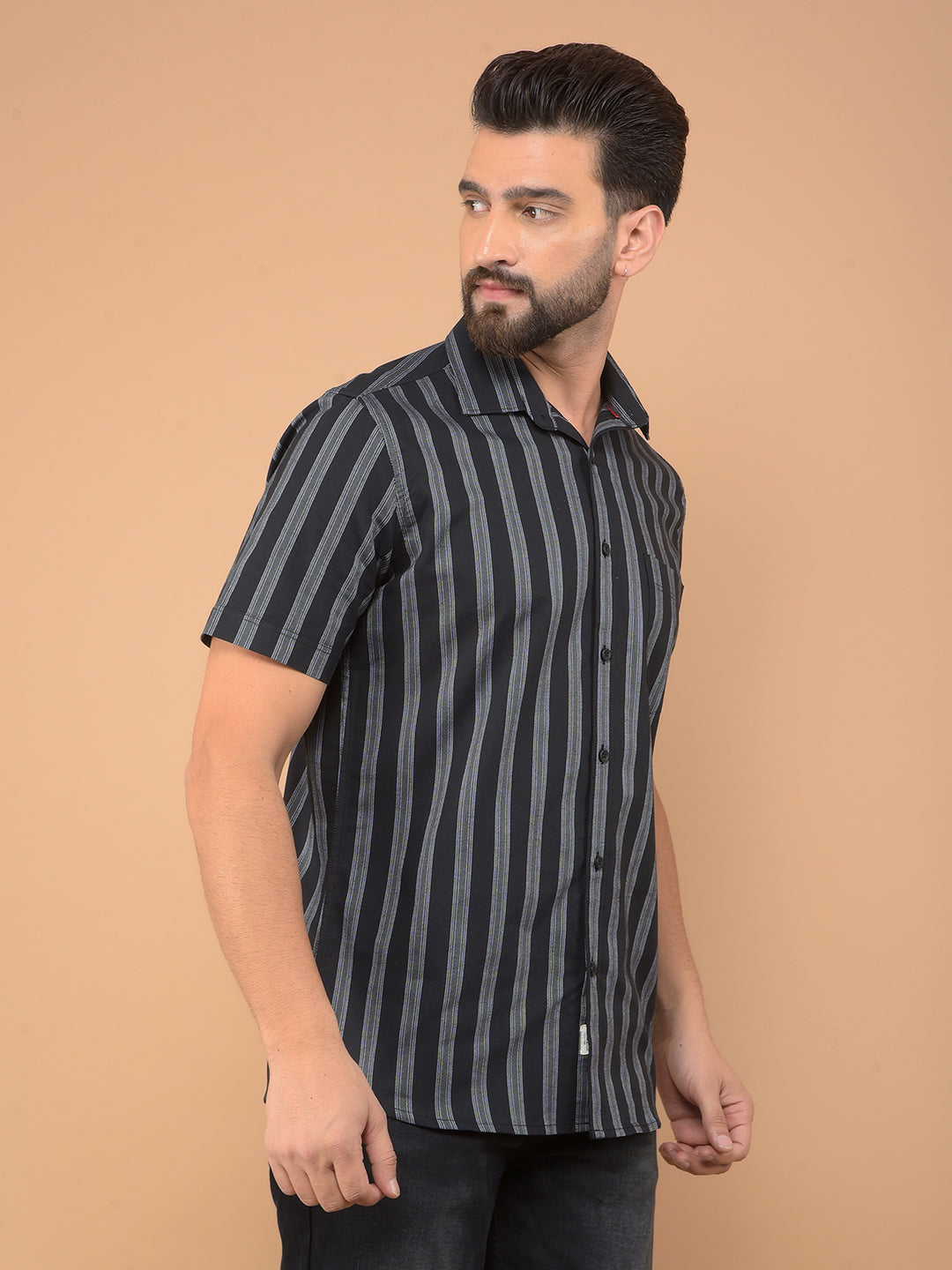 Black Vertical Striped 100% Cotton Shirt-Men Shirts-Crimsoune Club