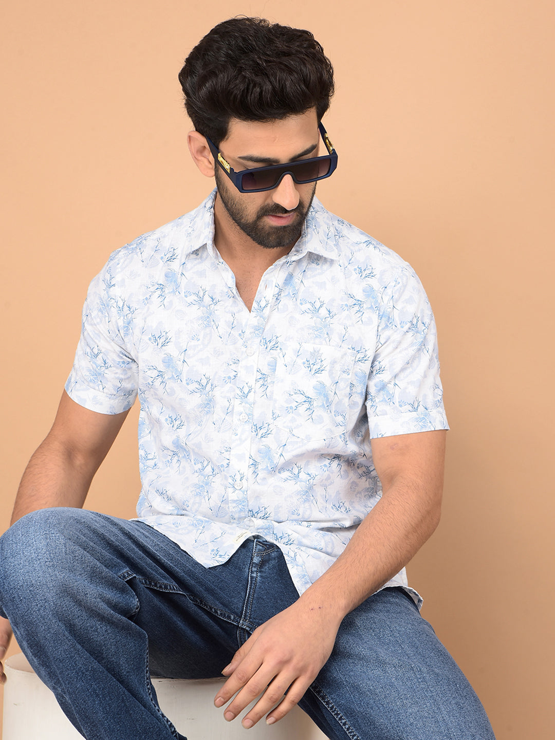 Blue Floral Print Shirt-Men Shirts-Crimsoune Club