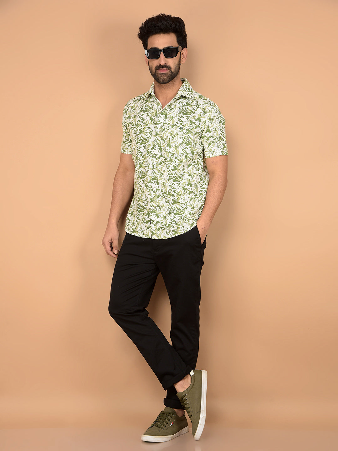 Green Floral Print 100% Cotton Shirt-Men Shirts-Crimsoune Club