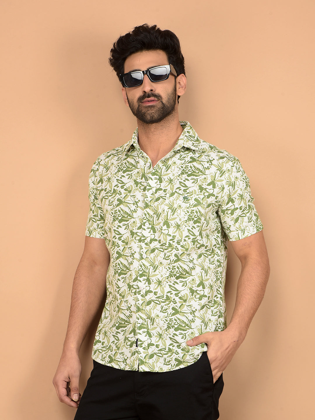 Green Floral Print 100% Cotton Shirt-Men Shirts-Crimsoune Club