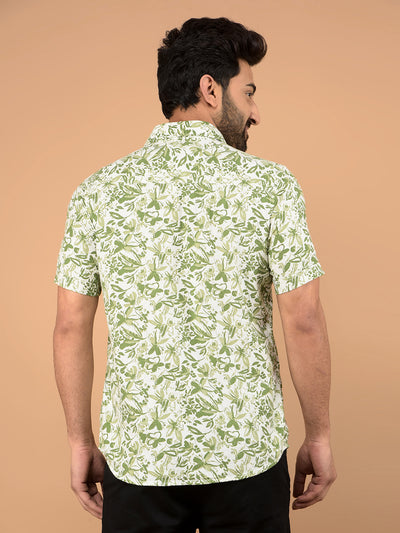 Green Floral Print 100% Cotton Shirt-Men Shirts-Crimsoune Club