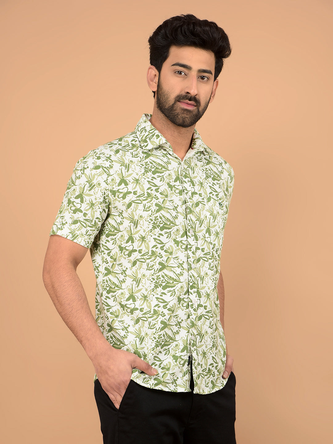 Green Floral Print 100% Cotton Shirt-Men Shirts-Crimsoune Club