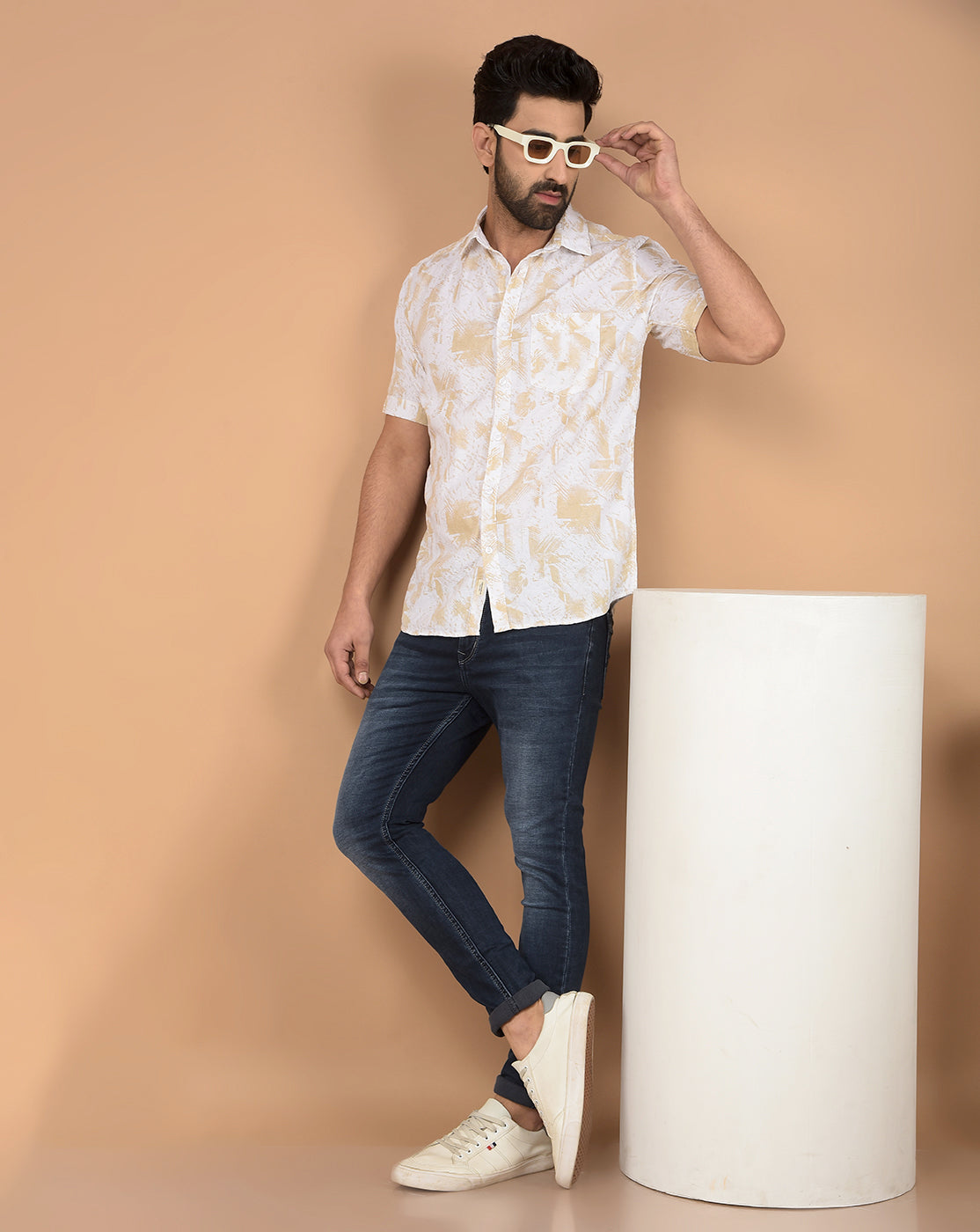 Beige Printed 100% Cotton Shirt-Men Shirts-Crimsoune Club