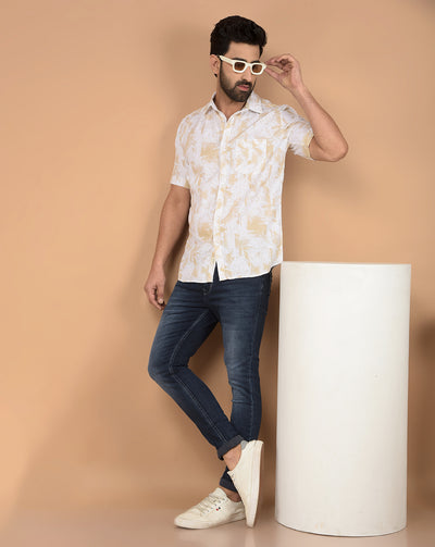 Beige Printed 100% Cotton Shirt-Men Shirts-Crimsoune Club