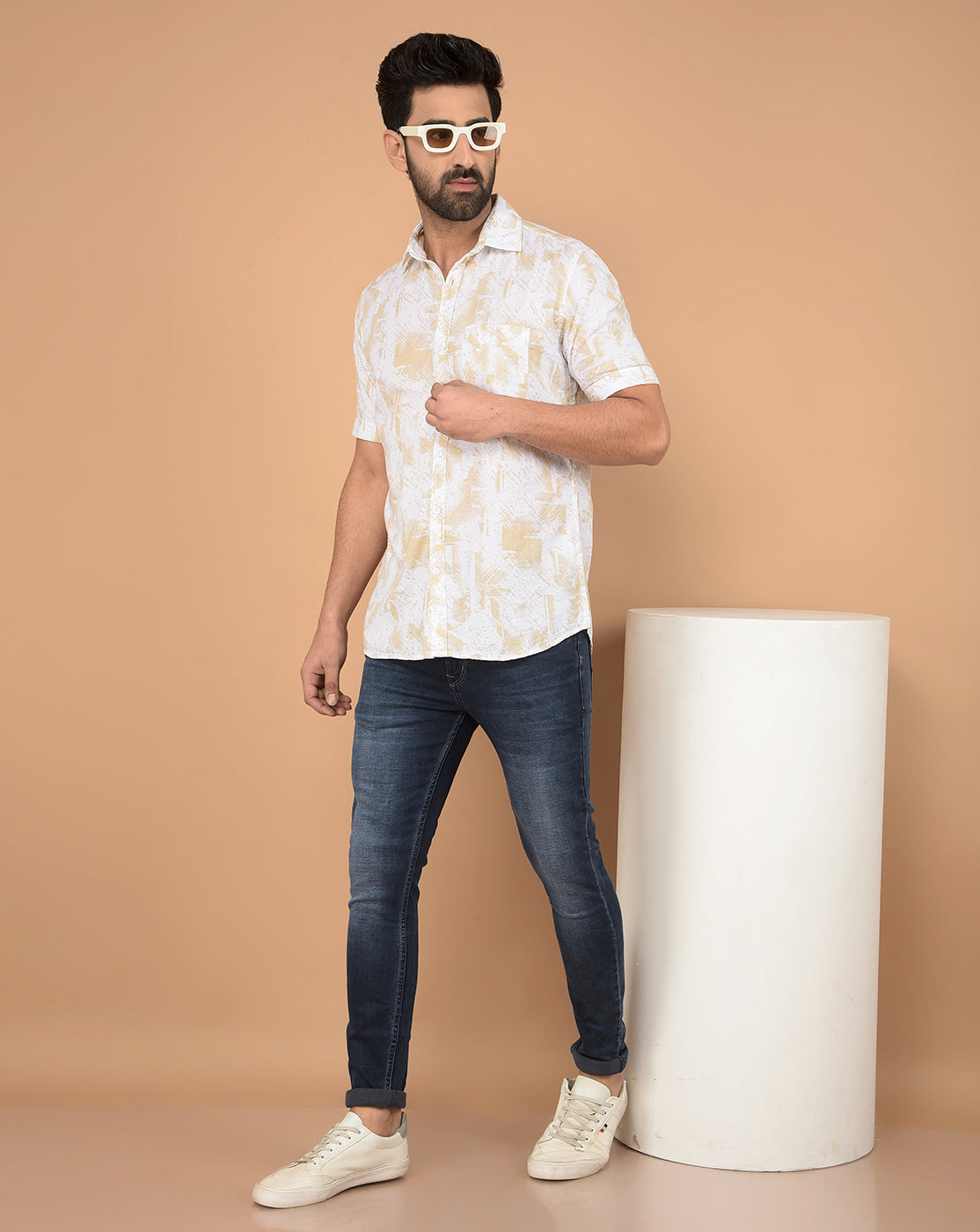 Beige Printed 100% Cotton Shirt-Men Shirts-Crimsoune Club