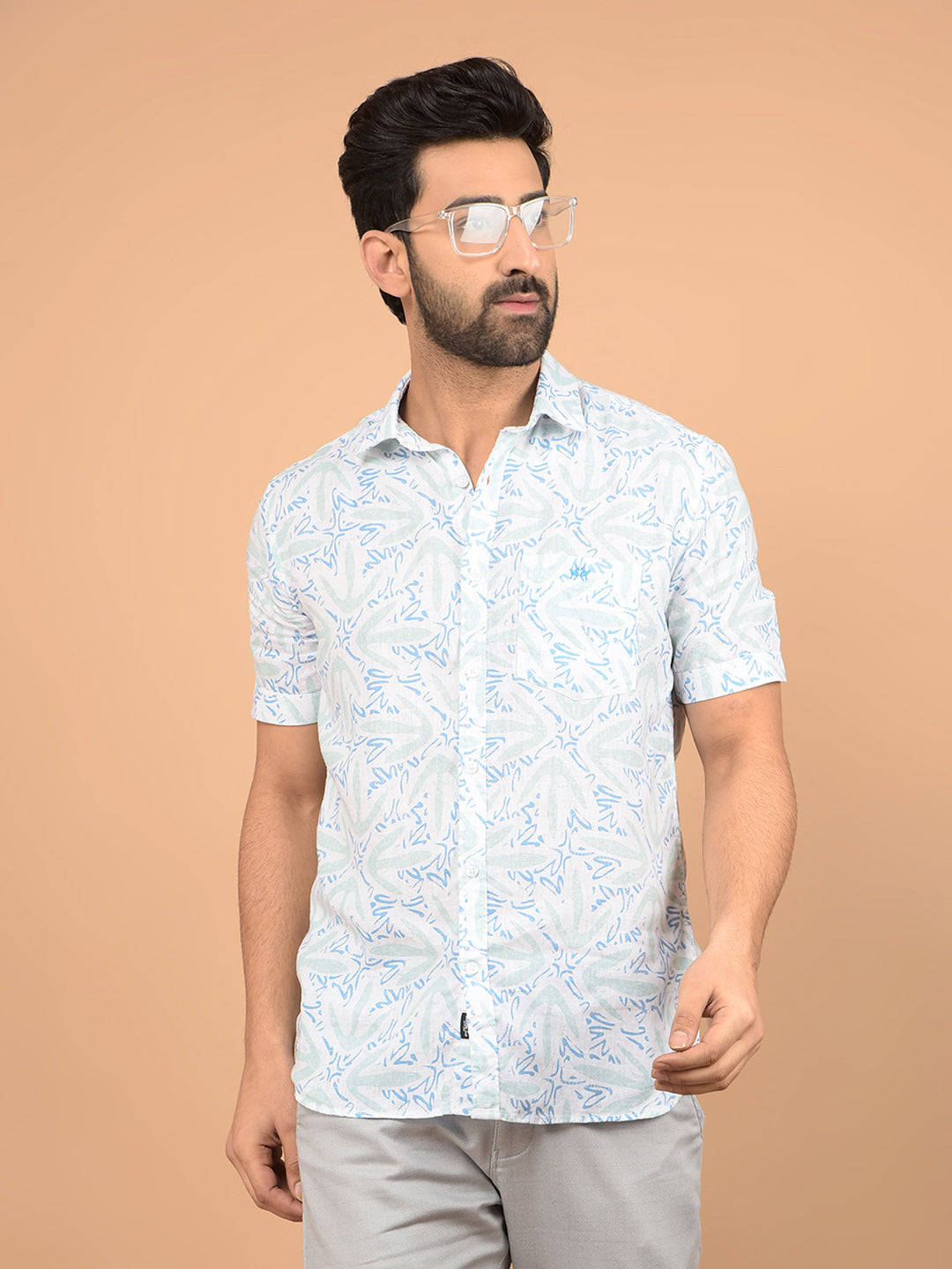 Green Printed Linen Shirt-Men Shirts-Crimsoune Club