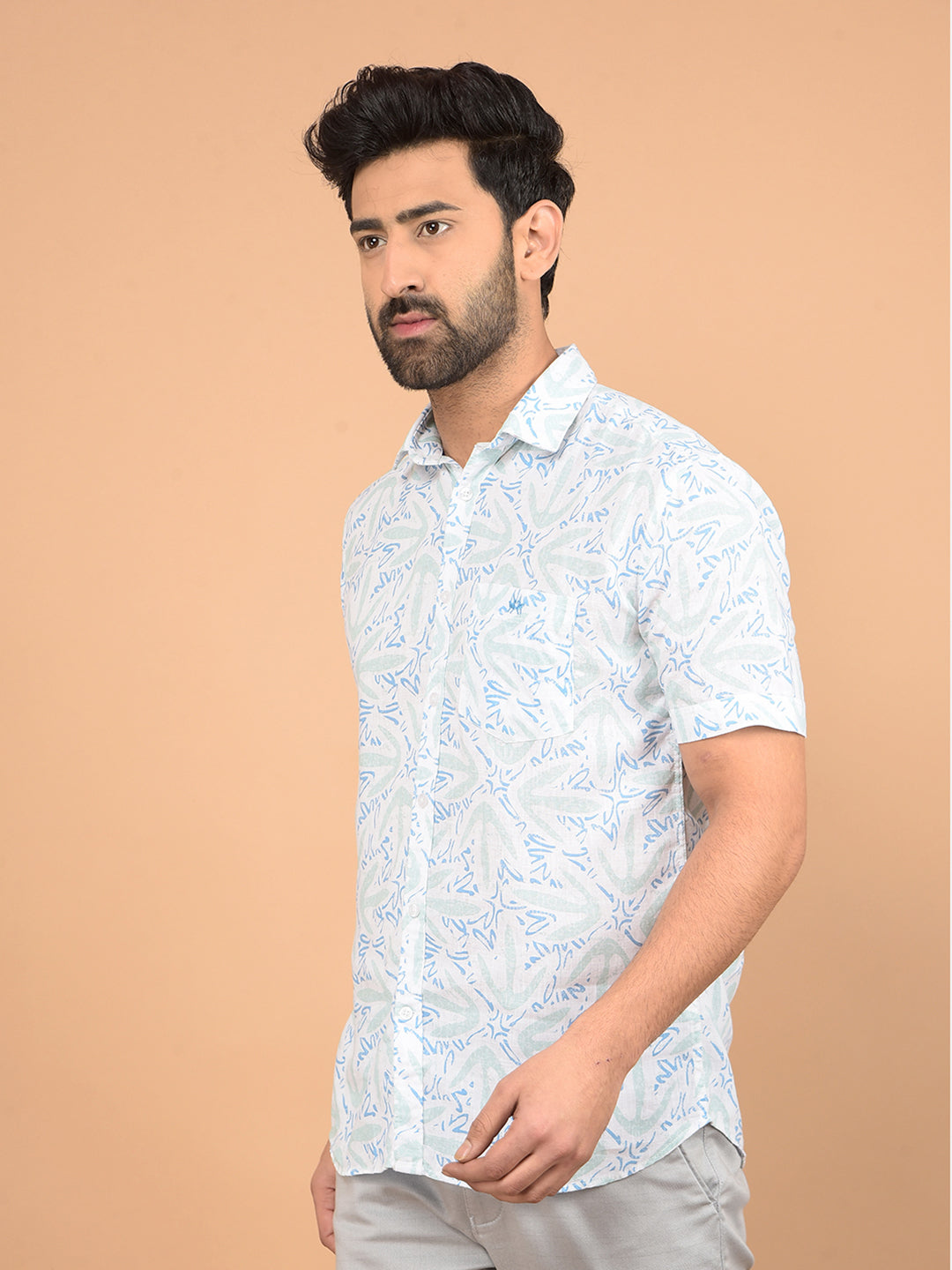 Green Printed Linen Shirt-Men Shirts-Crimsoune Club