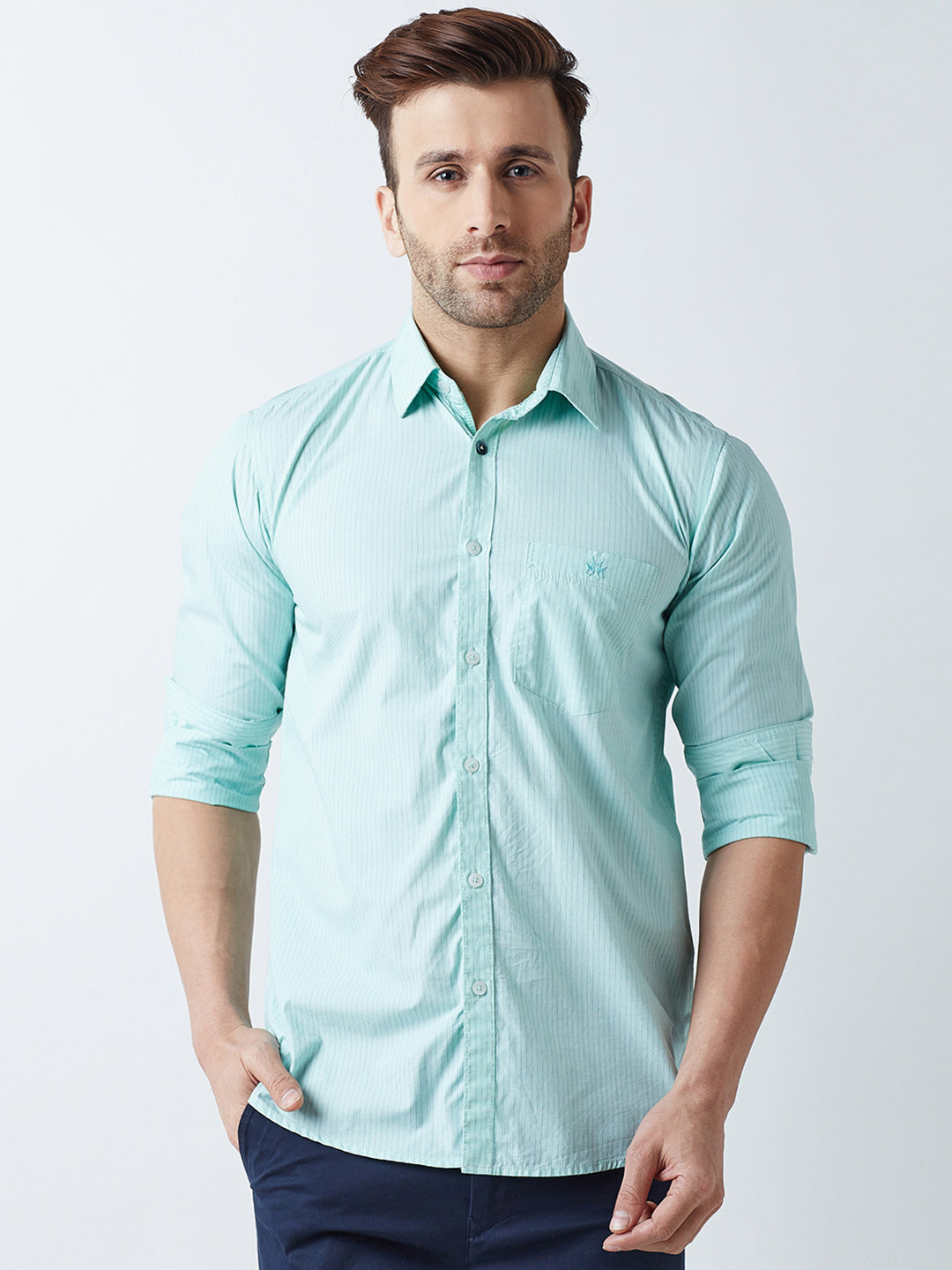 Green Striped Spread Collar Shirt-Men Shirts-Crimsoune Club