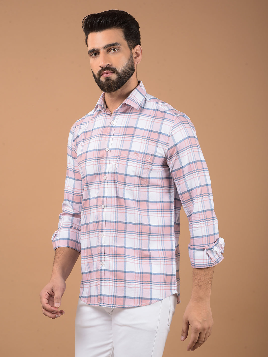 Peach Checked 100% Cotton Shirt