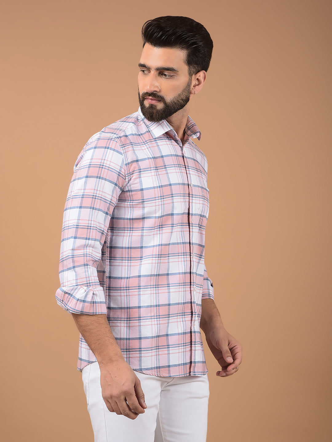 Peach Checked 100% Cotton Shirt