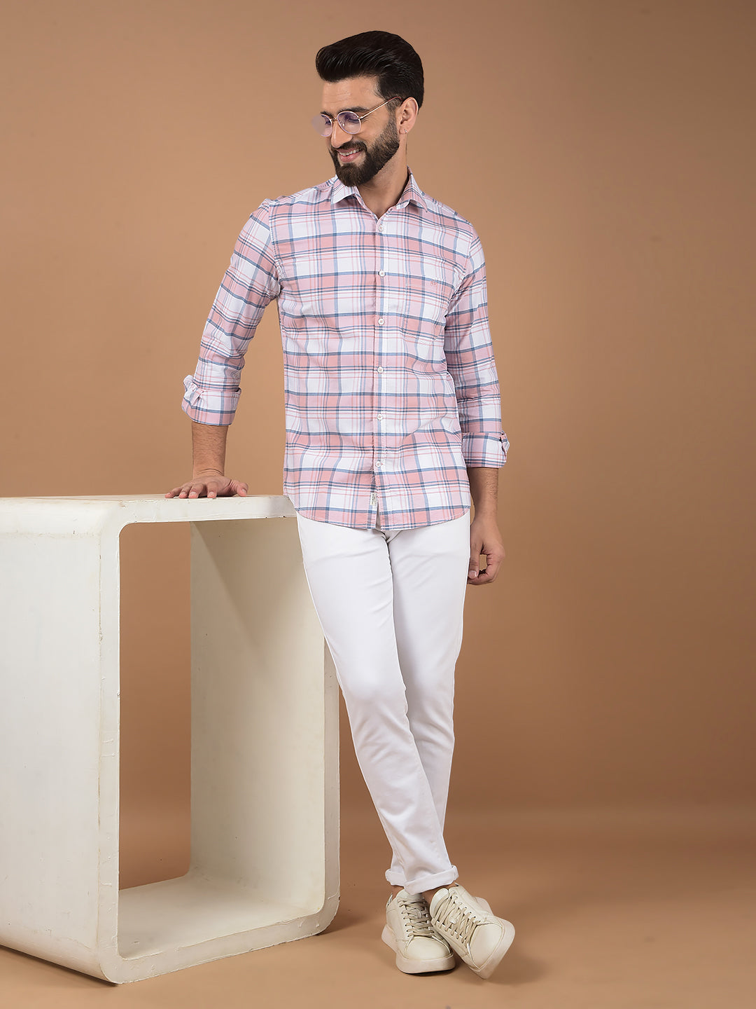 Peach Checked 100% Cotton Shirt