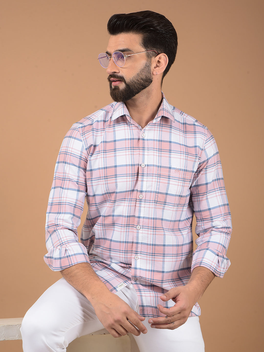 Peach Checked 100% Cotton Shirt