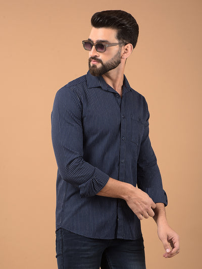 Navy Blue Vertical Stripes 100% Cotton Shirt