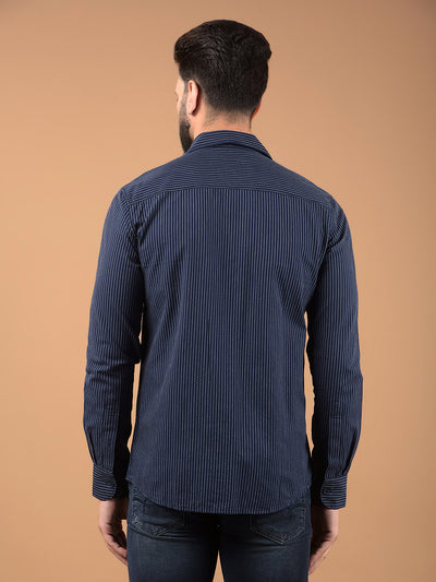 Navy Blue Vertical Stripes 100% Cotton Shirt