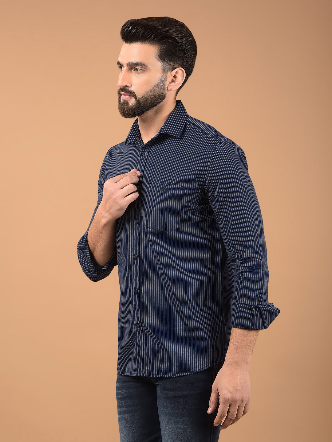 Navy Blue Vertical Stripes 100% Cotton Shirt