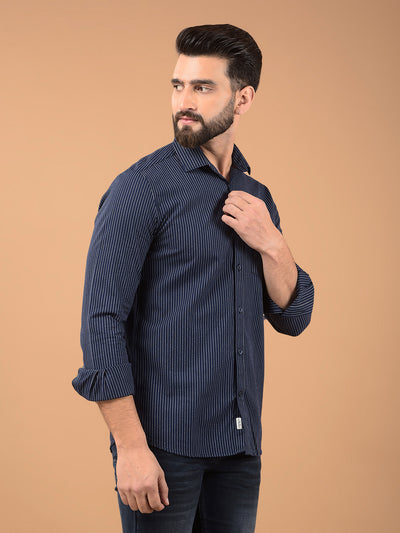 Navy Blue Vertical Stripes 100% Cotton Shirt