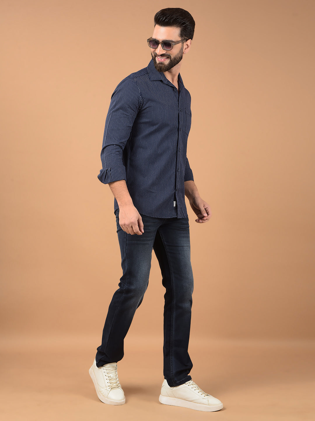 Navy Blue Vertical Stripes 100% Cotton Shirt