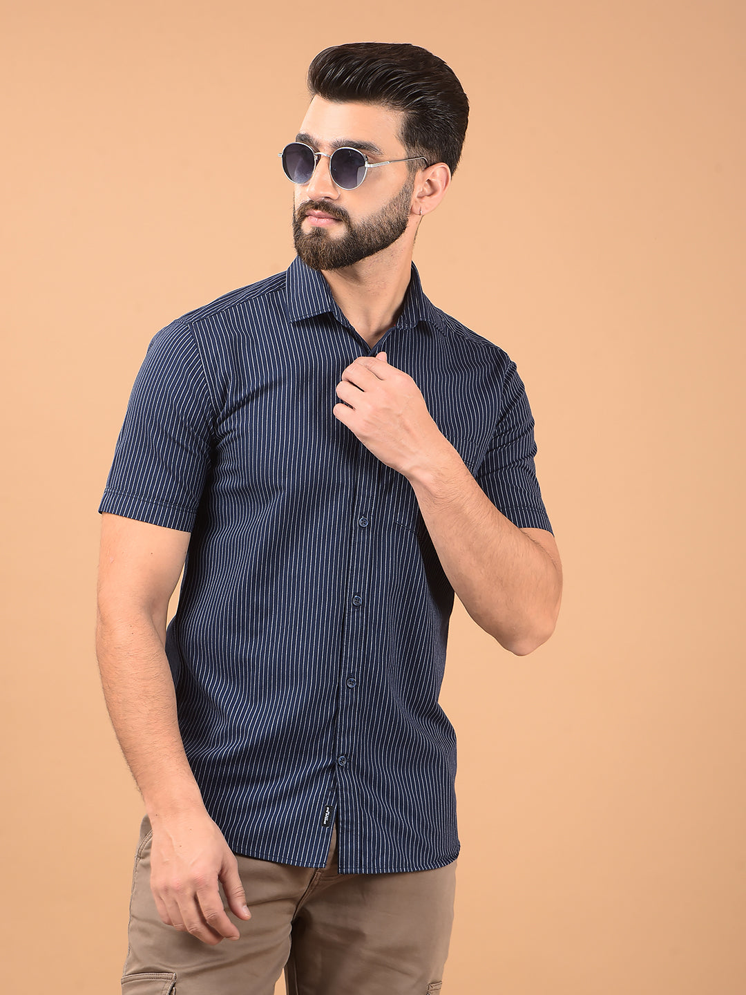 Navy Blue Vertical Stripes 100% Cotton Shirt