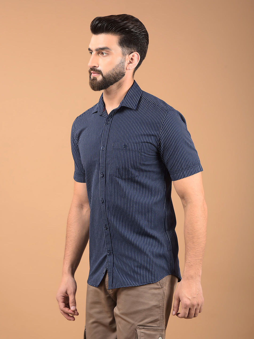 Navy Blue Vertical Stripes 100% Cotton Shirt