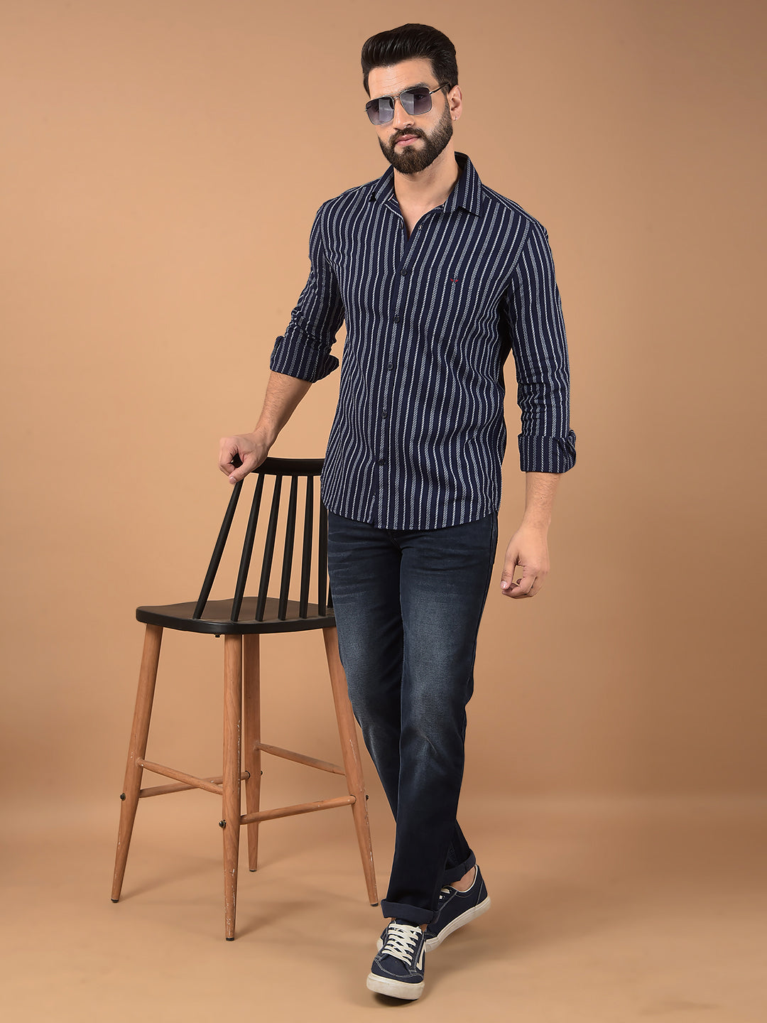 Navy Blue Vertical Stripes 100% Cotton Shirt