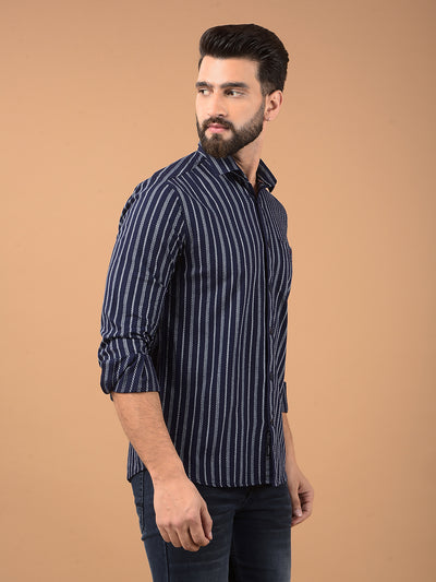 Navy Blue Vertical Stripes 100% Cotton Shirt