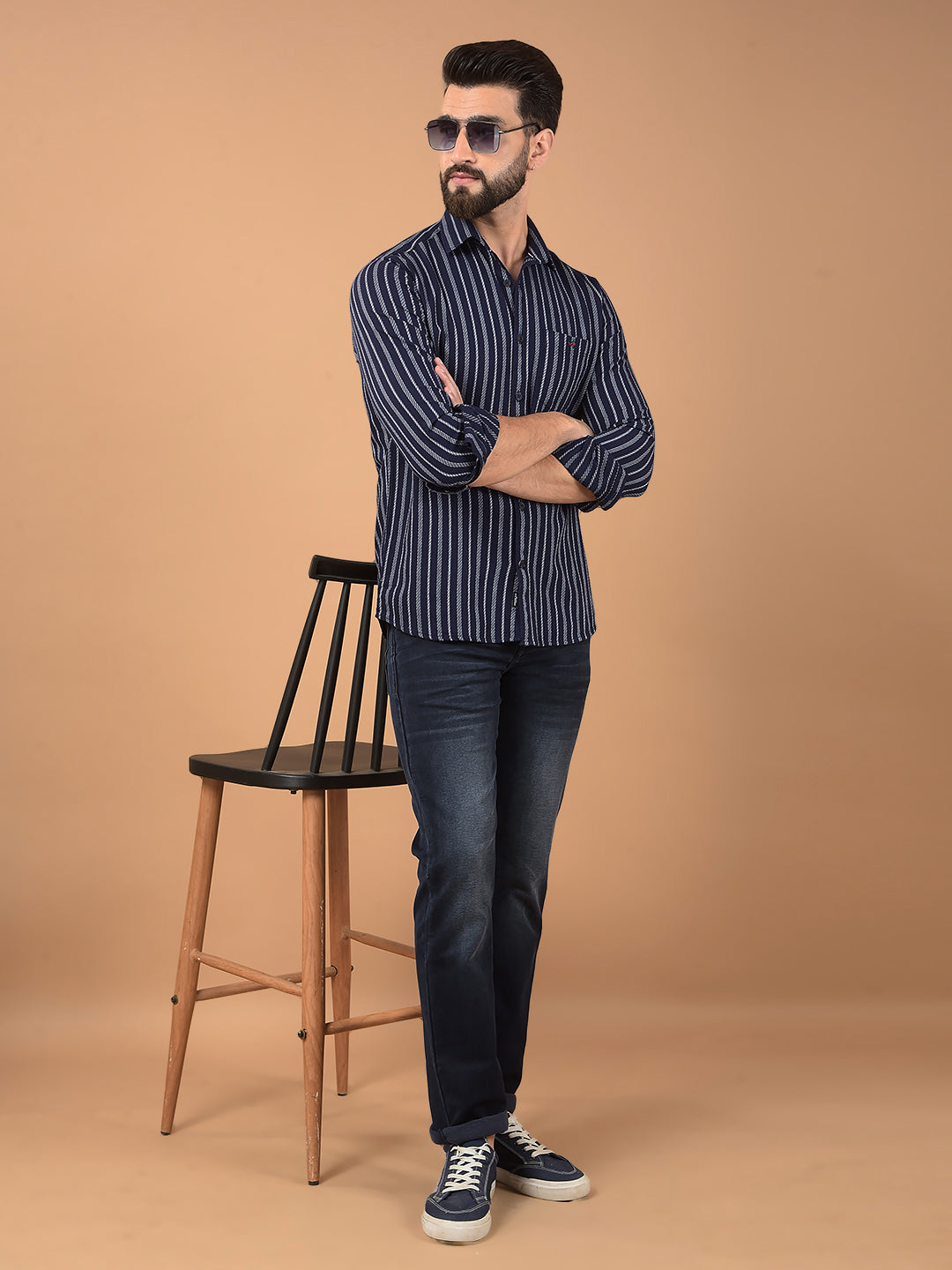 Navy Blue Vertical Stripes 100% Cotton Shirt