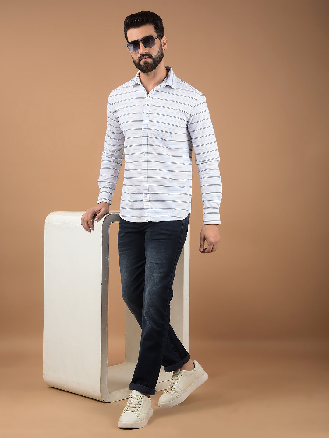 White Horizontal Stripes 100% Cotton Shirt