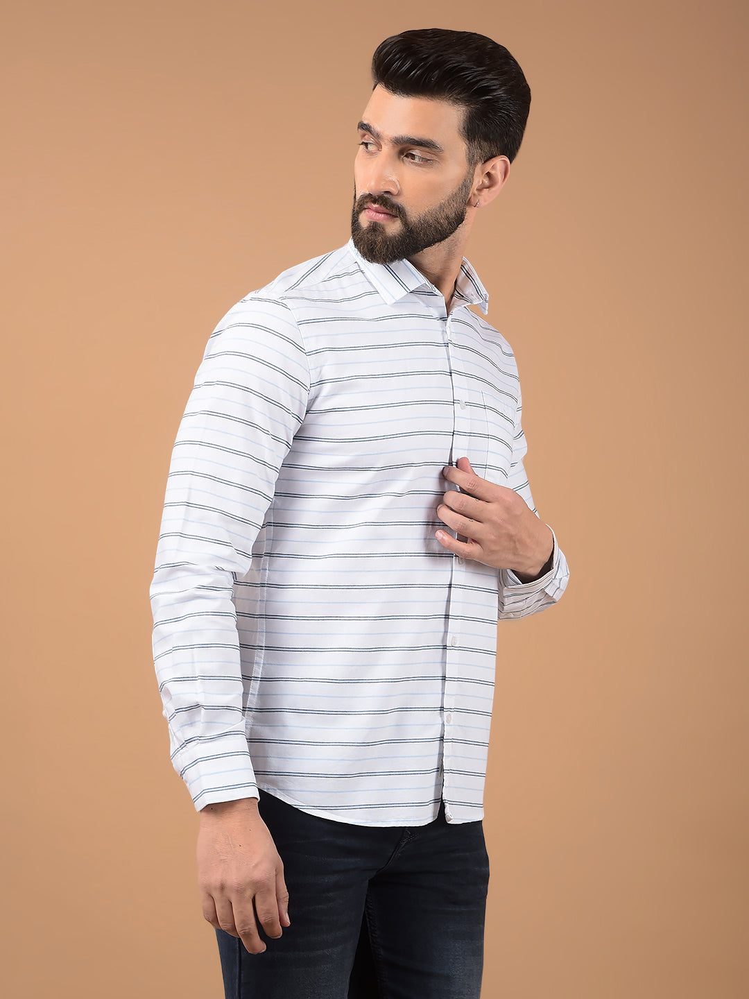 White Horizontal Stripes 100% Cotton Shirt