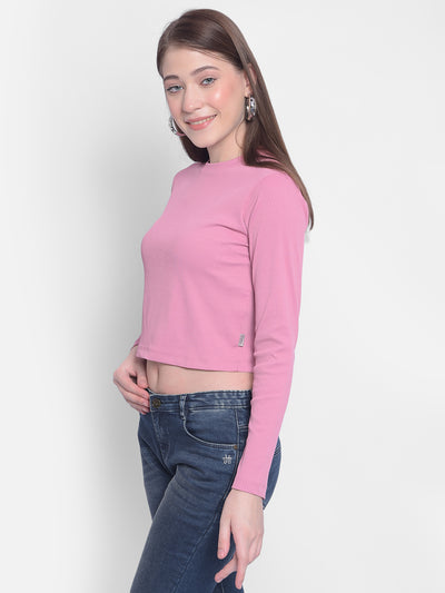 Pink Crop Length Long Sleeved T-Shirt-Women T-shirts-Crimsoune Club