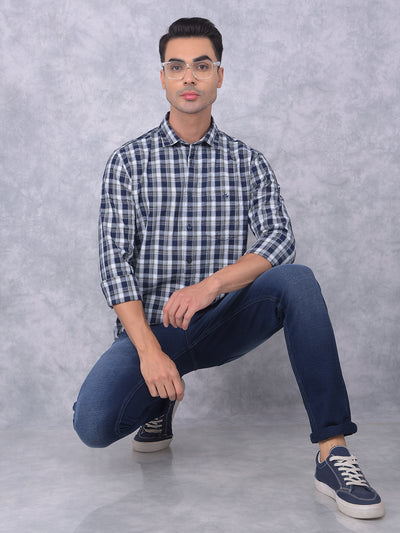 Navy Blue Checked 100% Cotton Shirt-Men Shirts-Crimsoune Club