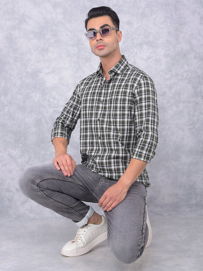 Olive Checked 100% Cotton Shirt-Men Shirts-Crimsoune Club