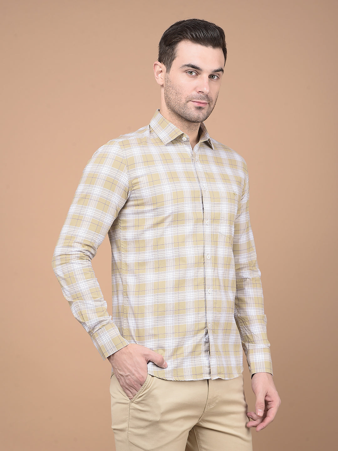 Khaki Checked 100% Cotton Shirt