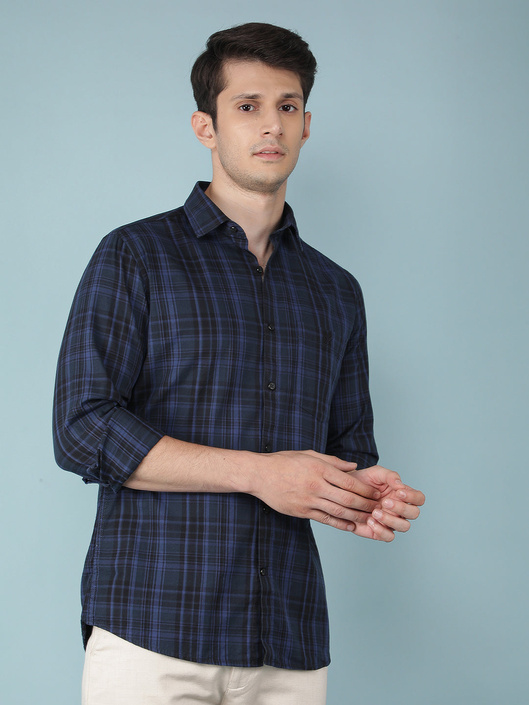 Navy Blue Checkered 100% Cotton Shirt-Men Shirts-Crimsoune Club