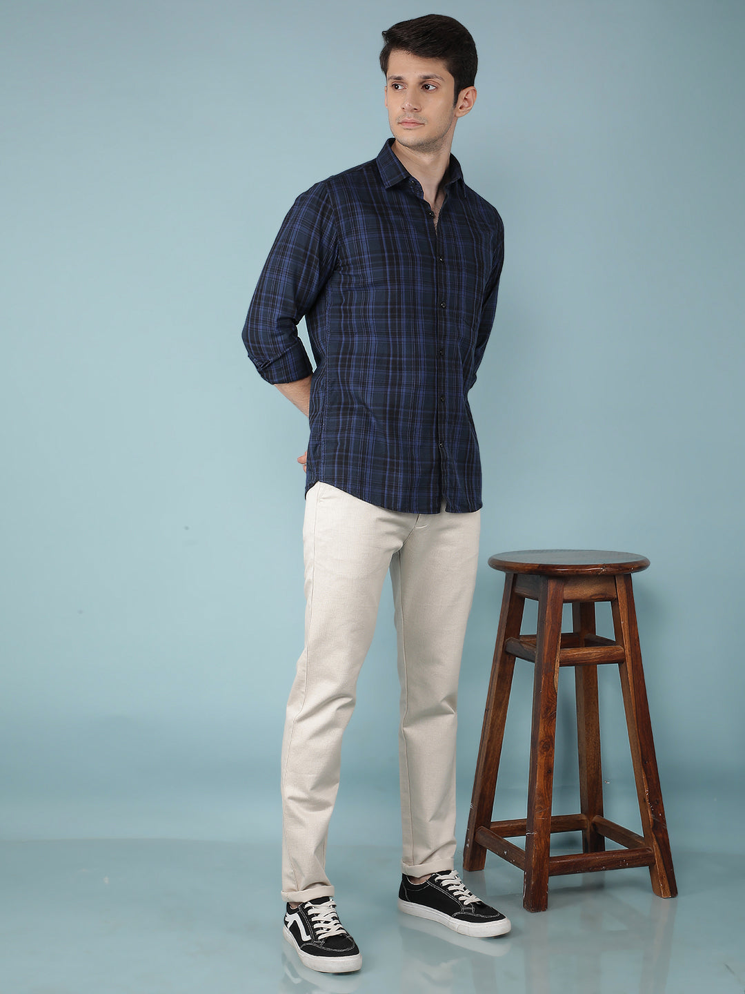 Navy Blue Checkered 100% Cotton Shirt-Men Shirts-Crimsoune Club