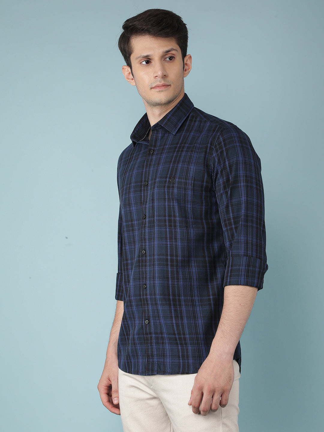 Navy Blue Checkered 100% Cotton Shirt-Men Shirts-Crimsoune Club