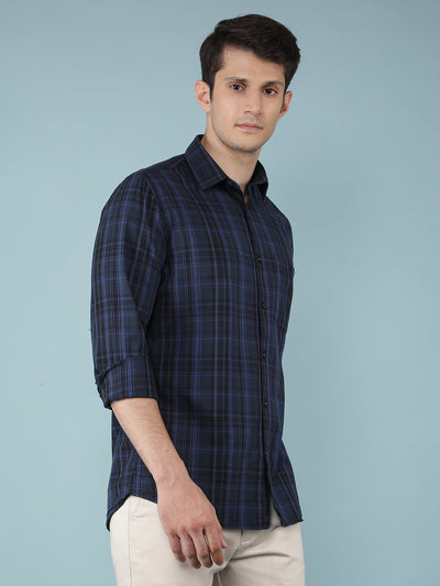 Navy Blue Checkered 100% Cotton Shirt-Men Shirts-Crimsoune Club