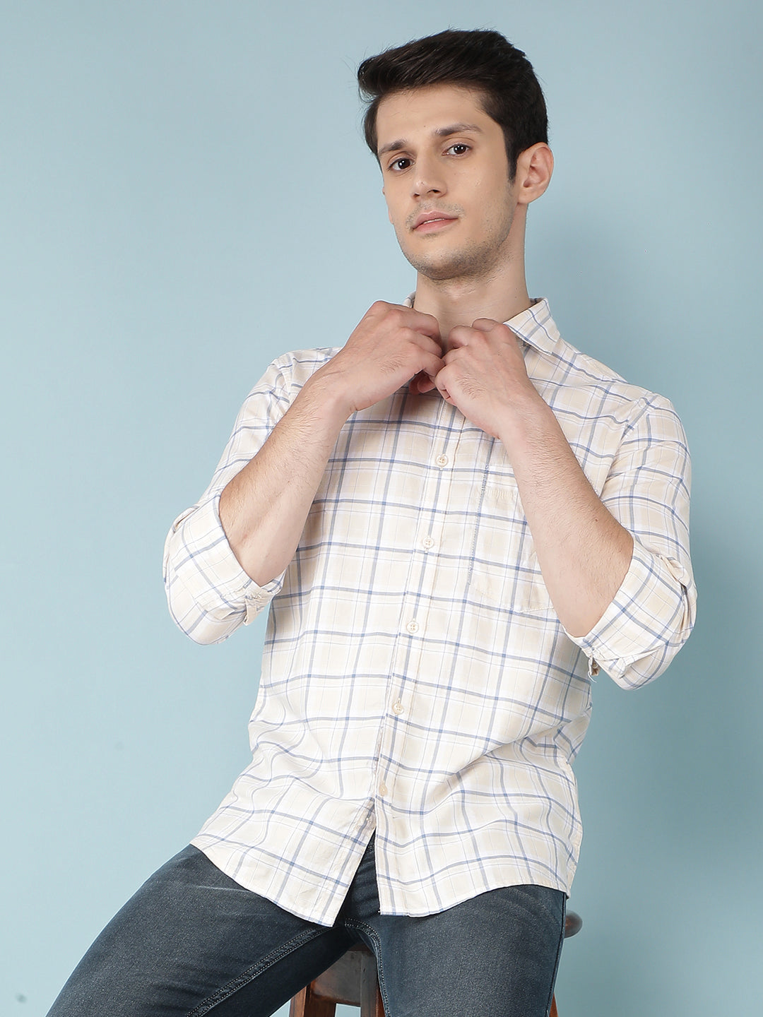 Beige Checkered 100% Cotton Shirt-Men Shirts-Crimsoune Club