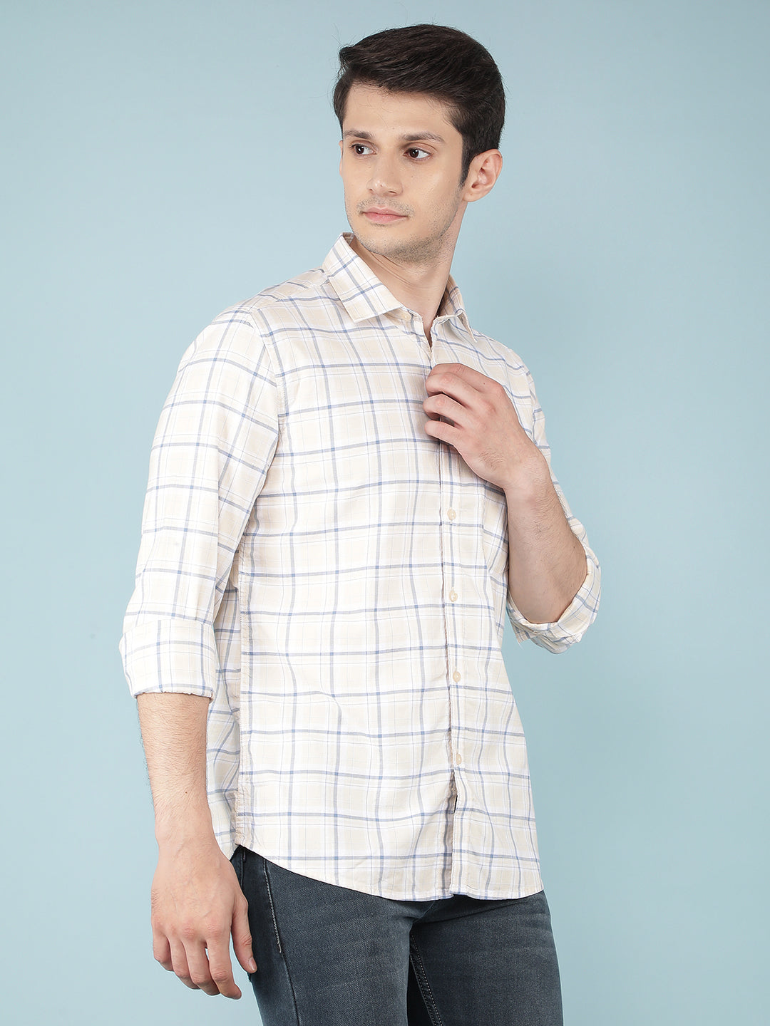 Beige Checkered 100% Cotton Shirt-Men Shirts-Crimsoune Club