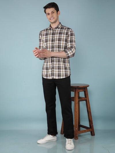 Brown Checkered 100% Cotton Shirt-Men Shirts-Crimsoune Club