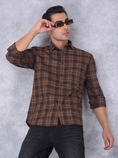 Brown Checked 100% Cotton Shirt-Men Shirts-Crimsoune Club