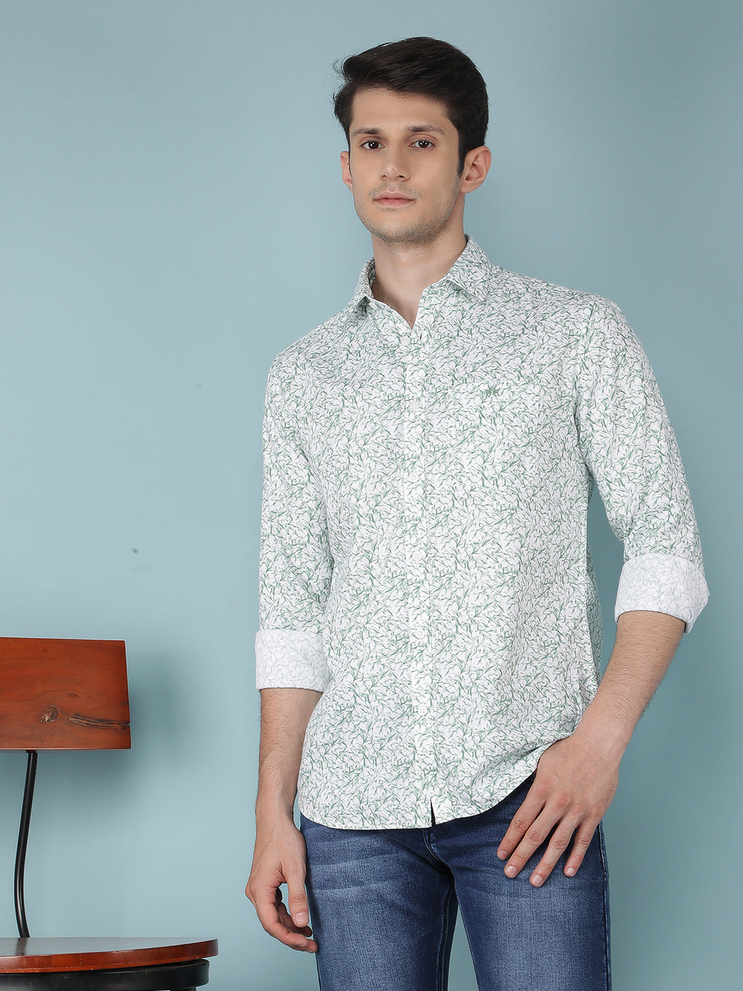 Green Floral Print 100% Cotton Shirt-Men Shirts-Crimsoune Club