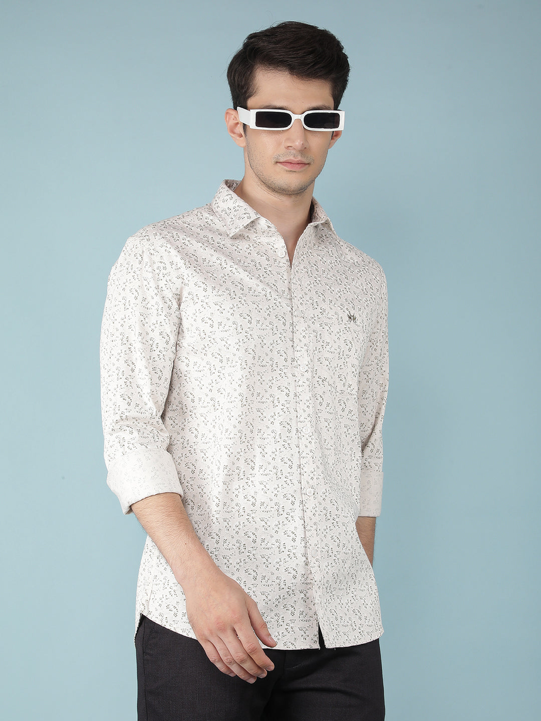 Beige Floral Print 100% Cotton Shirt-Men Shirts-Crimsoune Club