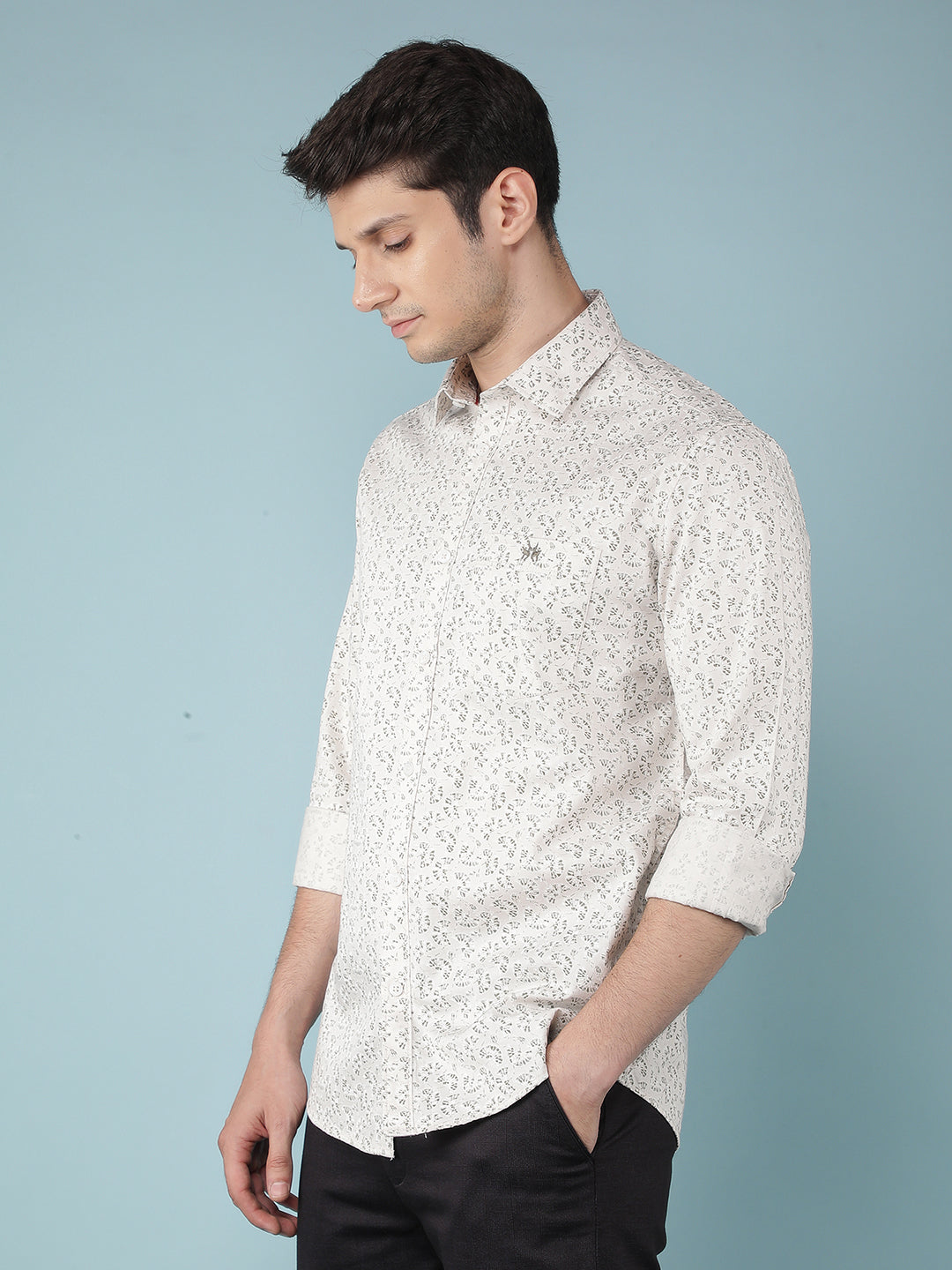 Beige Floral Print 100% Cotton Shirt-Men Shirts-Crimsoune Club