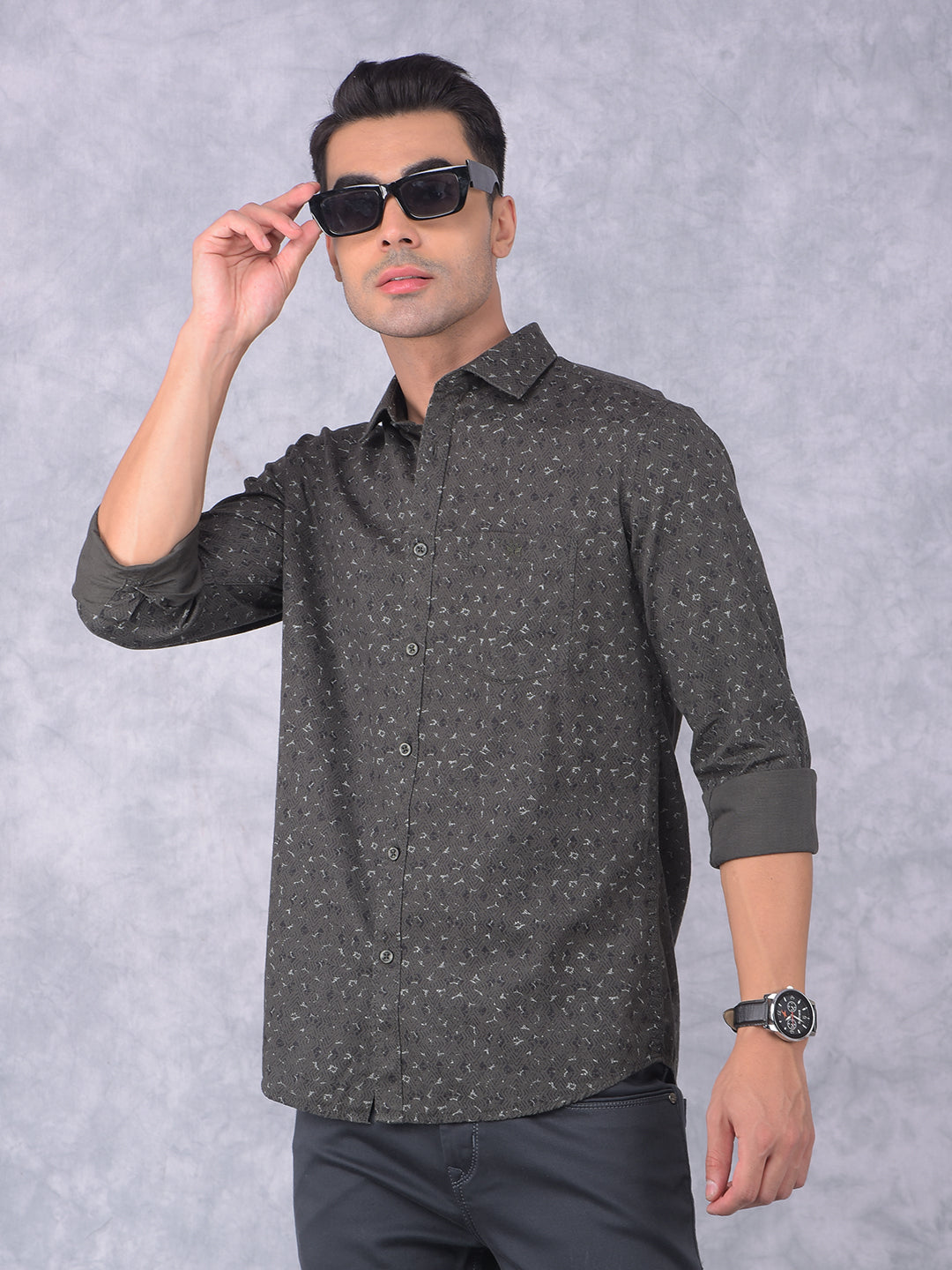 Olive Printed 100% Cotton Shirt-Men Shirts-Crimsoune Club