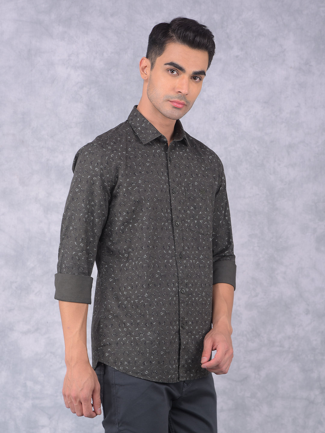 Olive Printed 100% Cotton Shirt-Men Shirts-Crimsoune Club