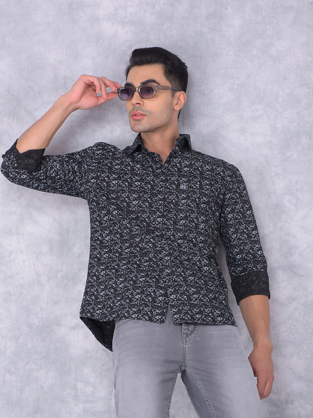 Navy Blue Printed 100% Cotton Shirt-Men Shirts-Crimsoune Club